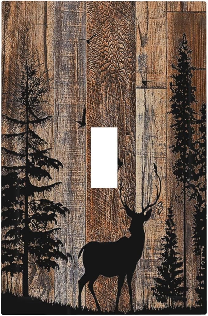 Decorative Light Switch Cover Rustic Forest Antler Elk Deer Silhouettes Animals Wood Grain 1 Gang Single Toggle Decorator Outlet Wall Plate Device Electrical Faceplate Switchplates for Farmhouse