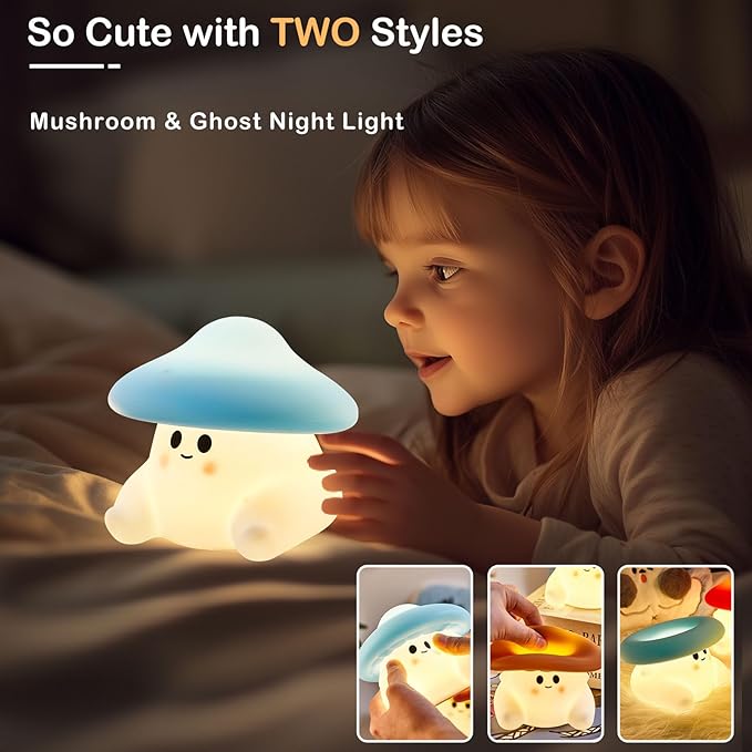 Mushroom Night Light for Kids, Cute Ghost Mushroom Lamp Silicone Baby Nursery Night Lamp, Dimmable Squishy Touch Bedside Lamps, Adorable Rechargeable Animal Lamps Gifts Kawaii Room Decor Girls Boys