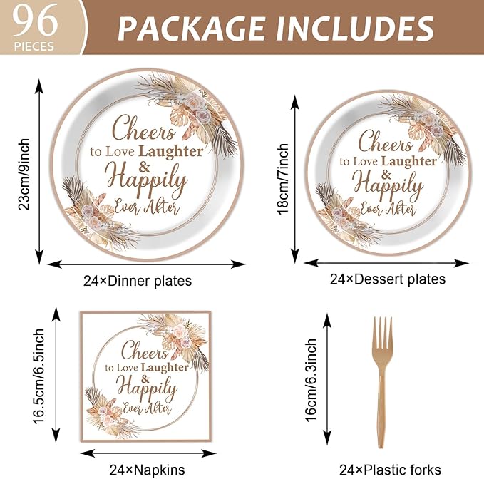 96Pcs Boho Bridal Shower Party Plates and Napkins for Bride Wedding Supplies Happily Ever After Themed Paper Dessert Plates Cheers to Love Tableware Set for 24 Guests Engagement Decorations