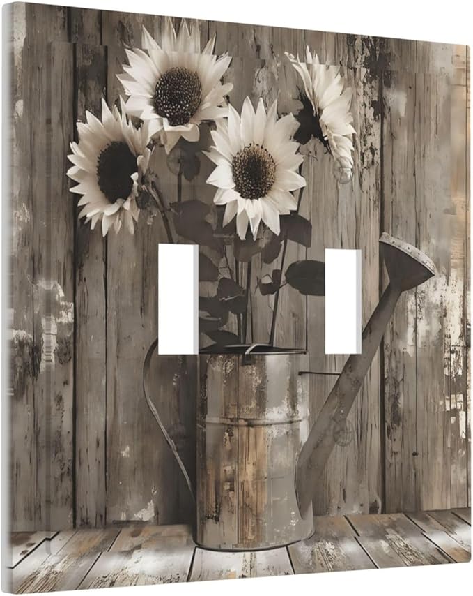 Rustic Floral Country Sunflower Daisy Old Wooden Boards Decorative Switch Plates 2 Gang Double Toggle Outlet Light Switch Cover Wall Plate Electrical Faceplate for Farmhouse Home Decor