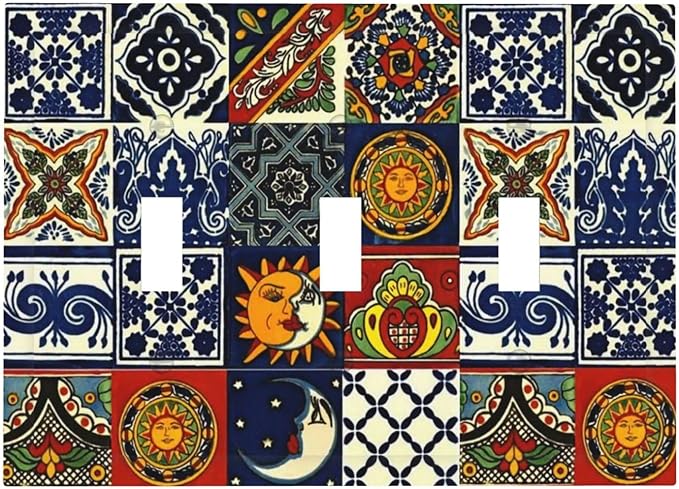 Boho Moroccan Mandala Mexican Tile 3 Gang Light Switch Cover, Kitchen Mosaic Boho Moon and Sun Tiles Decorative Triple Toggle Wall Plate Cover Electrical Three Device Switch Face Plate