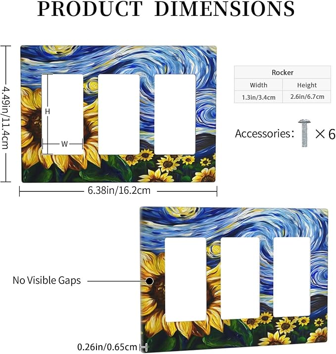 Vintage Abstract Blue Starry Sunflower 3 Gang Rocker Light Switch Covers Triple Outlet Wall Plate Decorative Switchplate Cover Faceplate GFCI for Farmhouse Country Bedroom Decor