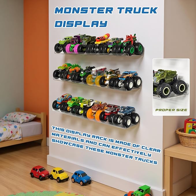 AAiphuwew 6 Pack Acrylic Monster Trucks Display Storage Shelves, Clear Wall Display Case Organizer Shelf for Toy Trucks Cars