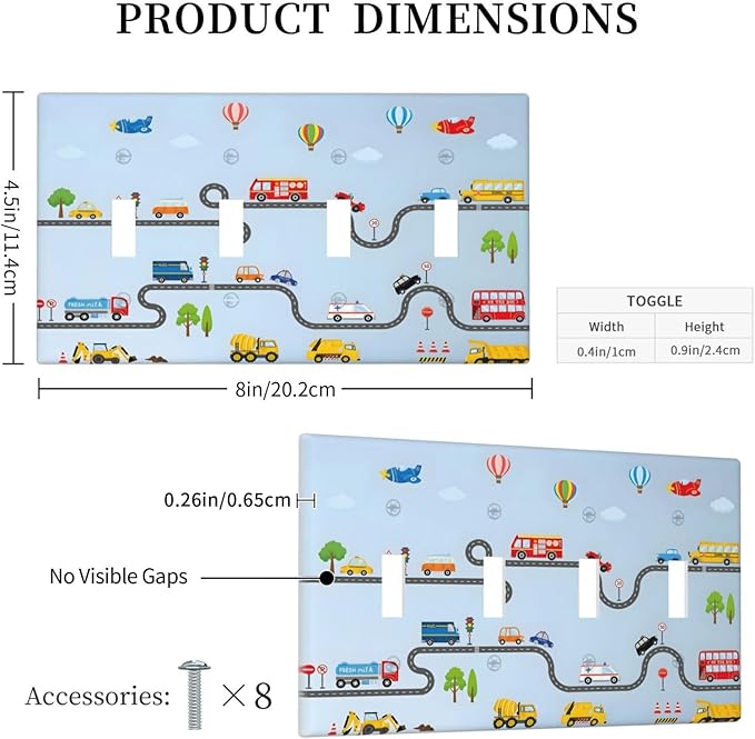 Road Construction Car Truck Hot Air Balloon Light Switch Covers Quad Toggle Electrical Faceplate 4 Gang Wall Plate Decorative Switch Plates Cover for Nursery Kids Room Decor