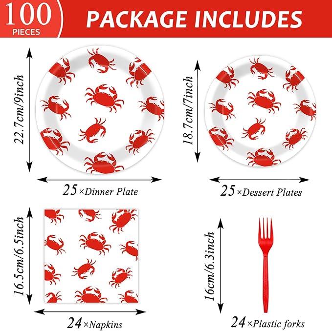 Qyeahkj 100 Pcs Crab Party Decoration Set - Paper Plate Napkin Fork Set for Summer Crab Dinnerware Tableware Supplies - Serves 25