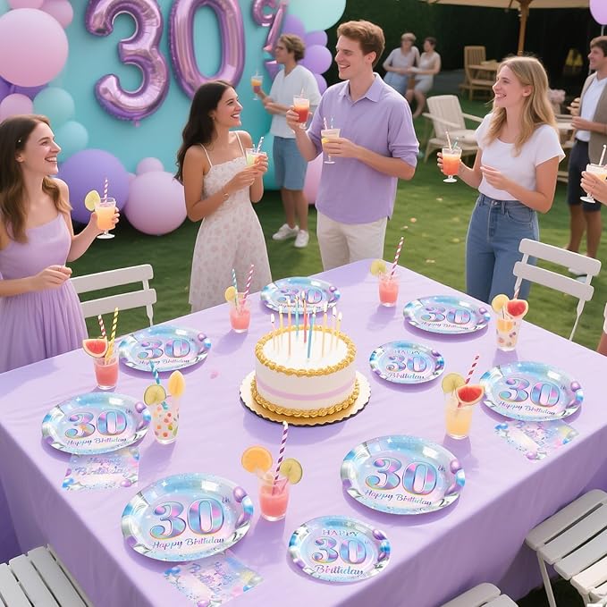 Grencian 96Pcs 30th Birthday Decorations Iridescent 30th Birthday Party Plates Disposable 350GSM Sweet 30 Years Paper Tableware Set for Women 30 Years Old Party Supplies Serves 24