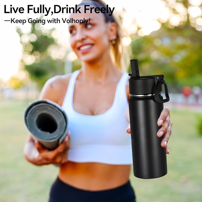 Volhoply 18oz Insulated Water Bottle Bulk 4 Pack,Kids Stainless Steel Water Bottles with Straw Lid,Double Wall Vacuum Metal Bottle,Wide Mouth Reusable Sports Flask For Cold Drink(Black,4 Set)