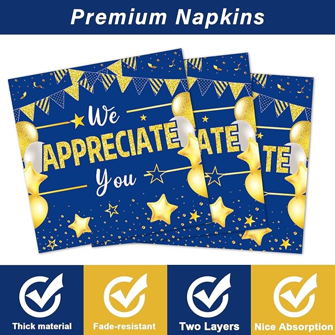 96Pcs We Appreciate You Party Plates and Napkins for Employee Staff Appreciation Blue Gold Supplies Work Anniversary Themed Plate Thank You Tableware Set for Teacher 24 Guests Party Decorations