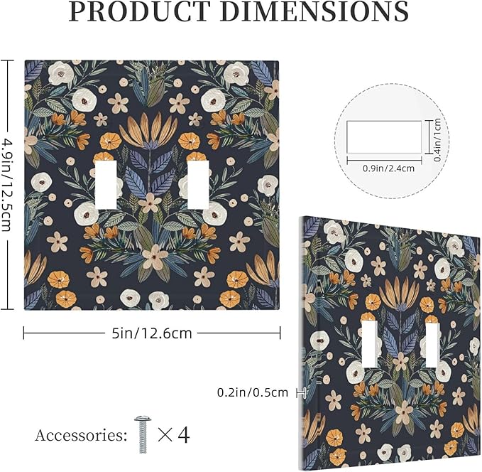 Boho Leaf Floral Navy Blue Background Double Toggle Light Switch Covers 2 Gang Wall Plate Dual Decorative Switchplate Electrical Faceplate for Farmhouse Country Bedroom Bedroom Decor