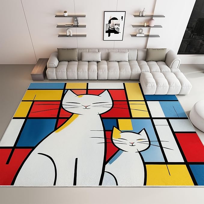 Geometric Color Block Cat Rug 3×5ft Abstract Art Non Slip Washable Patchwork Rugs for Bedroom, Ultra-Thin Low-Pile Carpets for Kitchen Laundry Hallway Bathroom Decor