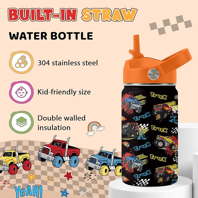 Truck Gifts for Kids - 12oz Kids Water Bottle with Straw Lid, Monster Trucks Water Bottle Insulated, Leak Proof, BPA-Free, Car Tumbler, School, Travel - Truck Lovers Children Birthday Gift Cup(1pc)