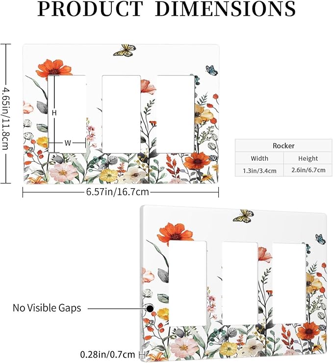Colorful Butterfly Blossom Flower Floral Triple Decorator Light Switch Cover 3 Gang GFCI/Rocker Wallplate Decorative Electrical Faceplate Switchplate Dimmer Screwless