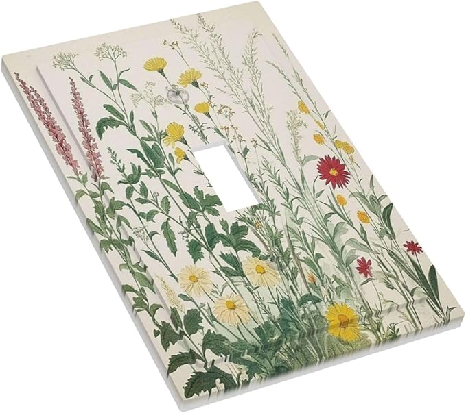 Rustic Wildflower Green Plants Daisy Floral Decorative Light Switch Cover 1 Gang Single Toggle Device Electrical Faceplate Switchplates Decorator Outlet Wall Plate For Farmhouse Bed Room Decor