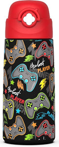 Boys Insulated Water Bottle with Covered Pop-Up Straw,16 oz Kids Cups with Stainless Steel Leak Proof for School（Red-Game）