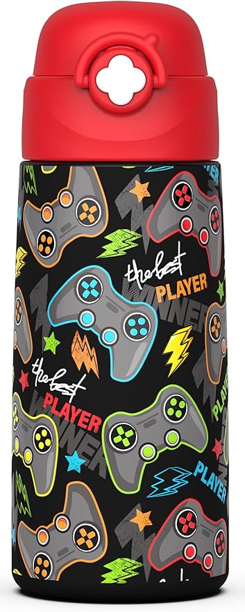 Boys Insulated Water Bottle with Covered Pop-Up Straw,16 oz Kids Cups with Stainless Steel Leak Proof for School（Red-Game）
