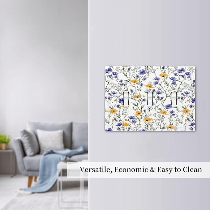 Decorative Switch Plates Floral Colorful Green Leaf Wildflower 3 Gang Wall Plate Triple Toggle Light Switch Cover Faceplate Electrical Wall Panels For Bed Room Living Room Decor