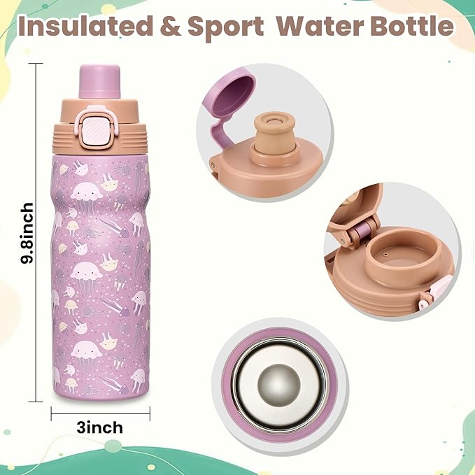 PIQUEBAR Kids insulated Water Bottle 17oz & Sport Water Bottle 24oz Set, Stainless Steel Metal Vacuum Water Bottles, Leakproof Tritan Sport Water Bottles for School Boys Girls, Pink