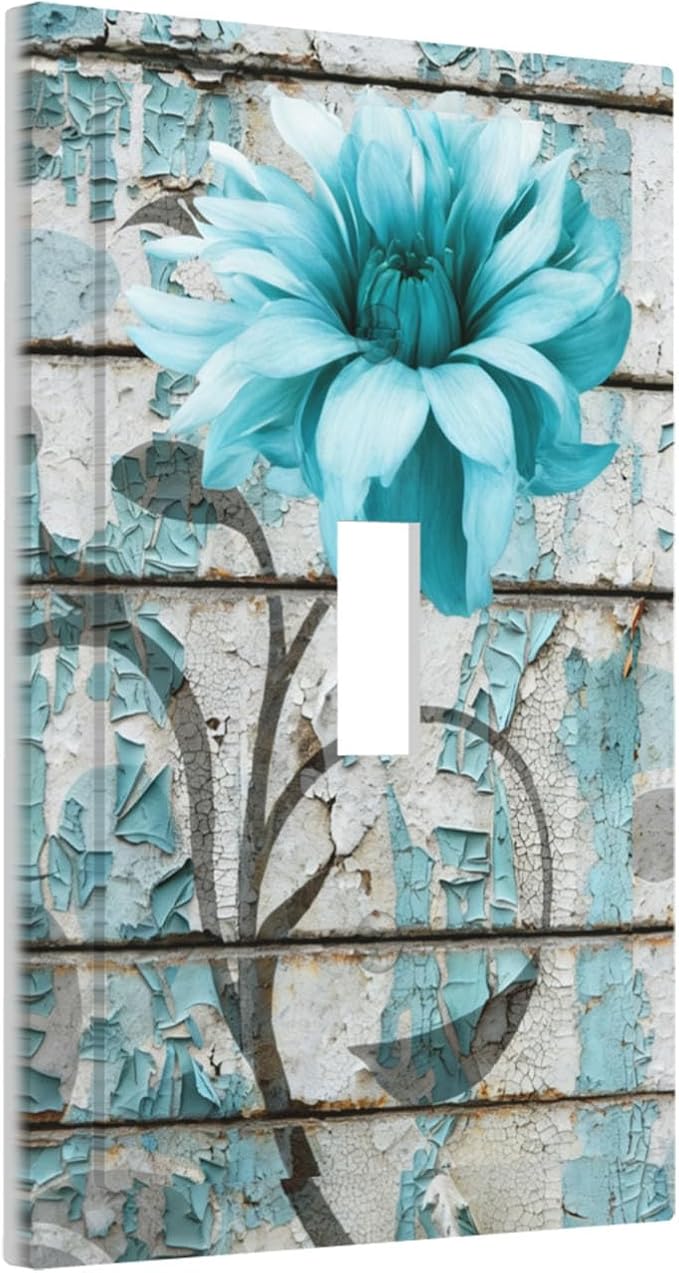 Vintage Floral 1-Gang Toggle Light Switch Plate, Rustic Farmhouse Teal Flower Distressed Brick Decorative Wall Plate for Bedroom Bathroom Decor