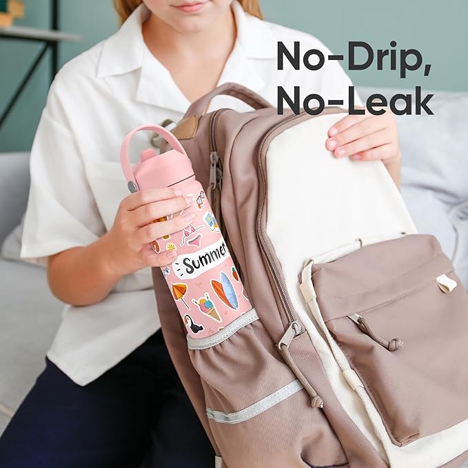 KEWIXY 18 oz Insulated Water Bottle with Straw, Leak Proof, Stainless Steel with Handle, Reusable, Metal, Cup Holder Fit, for Travel, Gym and School (Summer Pink)