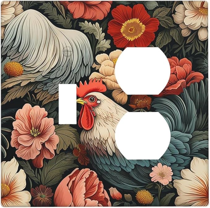 Wallplates Rooster Flowers Red White Chicken Floral 1 Toggle 1 Duplex Switch Plate Electrical GFCI Faceplate Decorative Light Switch Covers for living Room Farmhouse Decor