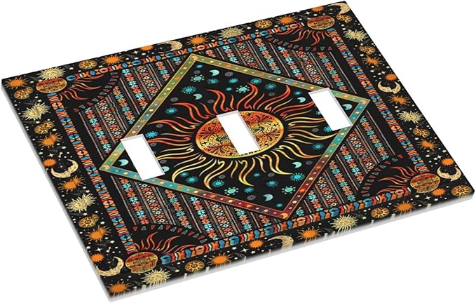 Light Switch Cover Boho Burning Sun Hippie Retro Bohemian Gypsy 3 Gang Wall Plate Triple Light Switch Plate Toggle Decorative Outlet Covers Electrical Switchplate for Bathroom Home Decor