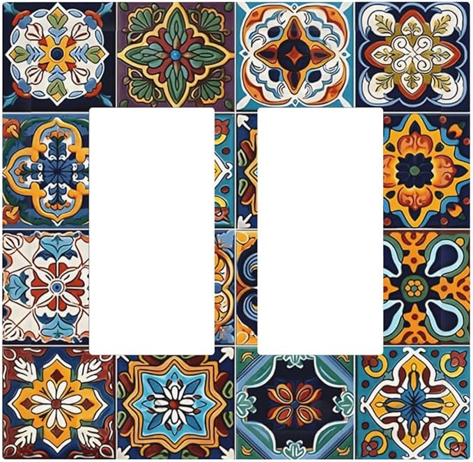 Mexican Talavera Tiles Floral Decorative Outlet Covers 2 Gang Double GFCI Rocker Electrical Wall Panels Light Switch Cover Plate for Bathroom Kitchen Decor