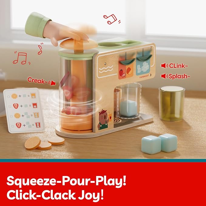 TOP BRIGHT Wooden Drink Dispenser Pretend Play Toys, Play Food Sets for Kids Kitchen with Cups, Juice Inserts, Ice Cubes, Montessori Toys for Boys Girls Capybara Gift Age 3+