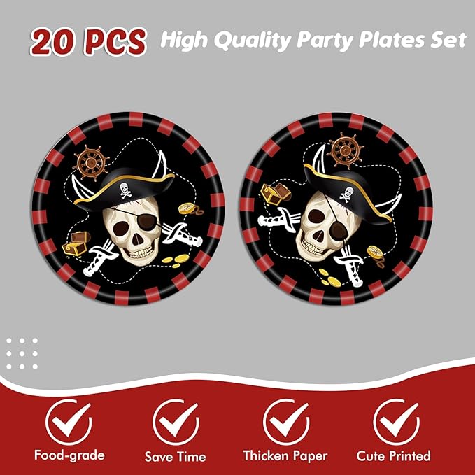 Ryzovo 41pcs Pirate Tableware Set Includes 20 Plates, 20 Npkins and 1 Tablecloth, Pirate Ship Theme Party Supplies Decorations Pirate Dinnerware for Adult Teens Kids Table Decor, 20 Guests