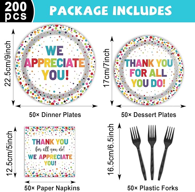 200pcs Thank You Plates Napkins We Appreciate You Paper Tableware Set Employee Appreciation Dinnerware Thank You Party Decoration for Teacher Volunteer Pastor Retirement Party Decor Supplies Serves 50