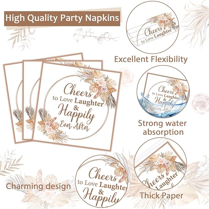 96Pcs Boho Bridal Shower Party Plates and Napkins for Bride Wedding Supplies Happily Ever After Themed Paper Dessert Plates Cheers to Love Tableware Set for 24 Guests Engagement Decorations