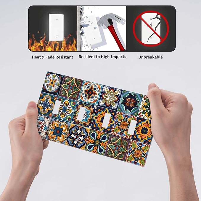 Mexican Talavera Tiles Floral Light Switch Covers Quad Toggle Electrical Faceplate 4 Gang Wall Plate Decorative Switch Plates Cover for Bathroom Kitchen Decor
