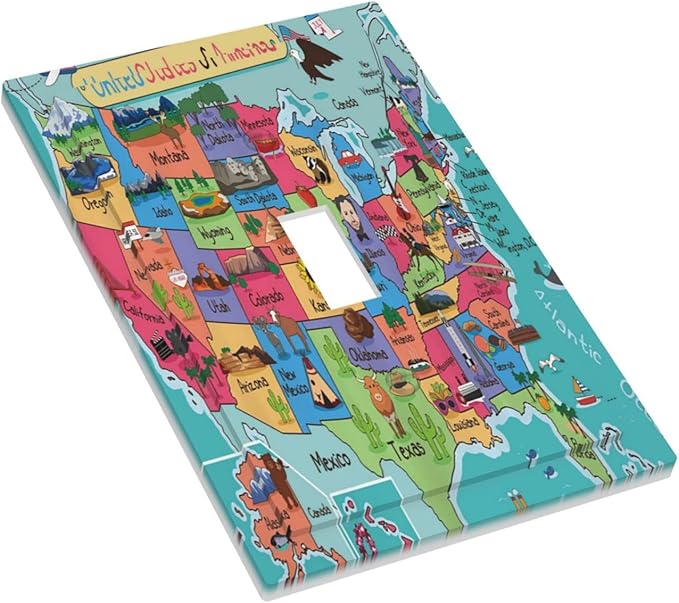 Blue 1 Gang Light Switch Plate Decorative Single Toggle Wall Plate Cover Electrical Switchplate Faceplate United States Map Children's Educational Geography Landmark American Map Bedroom Room Decor