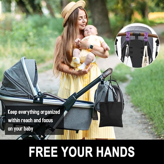 Baby Stroller Hooks for Hanging Bags, Universal Stroller Clips Accessories, Mommy Hook for Diaper Bag, Shopping Cart, Purse, Backpack - 2 Pack, Purple Marble