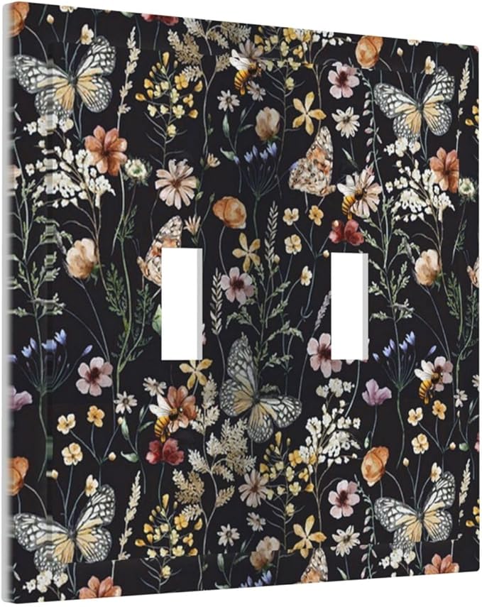 Butterfly 2 Gang Double Toggle Wall Plates Vintage Flower Leaves Light Switch Cover Decorative Dark Backgrounds Electrical Switchplate Faceplate Cute Bees Dimmer Decor for Bedroom Kitchen Bathroom