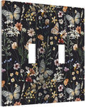 Butterfly 2 Gang Double Toggle Wall Plates Vintage Flower Leaves Light Switch Cover Decorative Dark Backgrounds Electrical Switchplate Faceplate Cute Bees Dimmer Decor for Bedroom Kitchen Bathroom