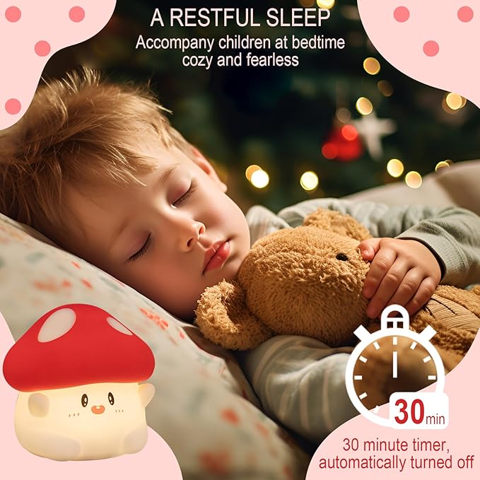 YR YRHH-PET Mushroom Night Light, Cute Hug Mushroom Decor Lamp, Led Squishy Soft Silicone Night Lamp, Dimmable Rechargeable Portable Touch Nightlight for Kids Sleep, Nursery Room Cute Christmas Gifts