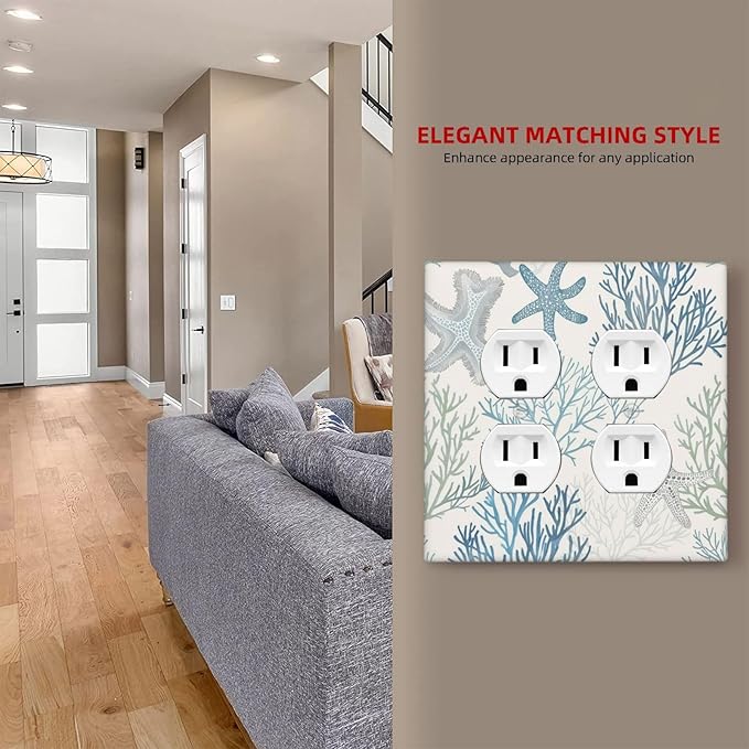 Outlet Covers Ocean Beach Theme Starfish Seashell Coral 2 Gang Double Duplex Decorative Light Switch Covers Electrical Wallplates Socket Faceplate For Bathroom Kids Room Decor