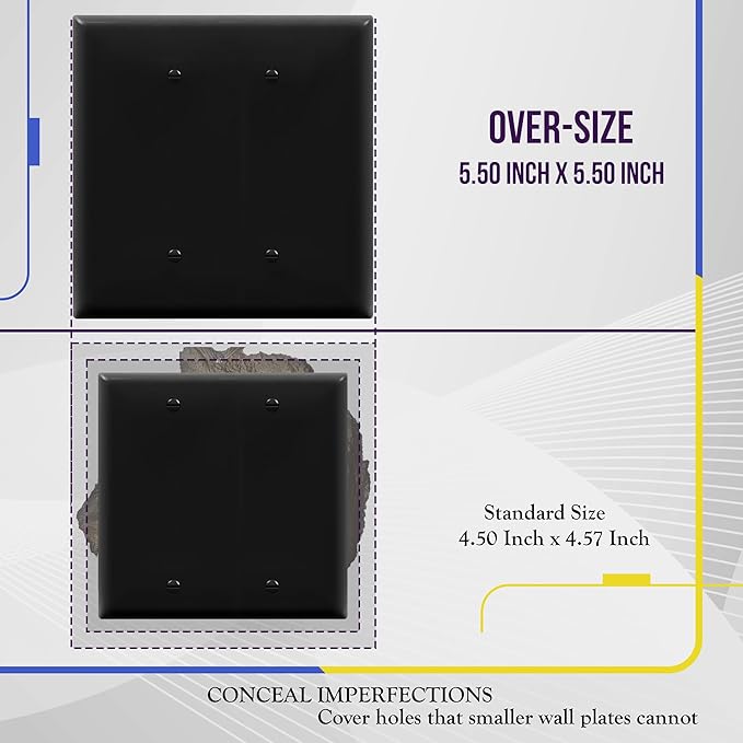 ENERLITES Double Blank Outlet Cover, Two Gang Blank Wall Plate, Oversized 2-Gang 5.5" x 5.5", Unbreakable Polycarbonate Thermoplastic, UL Listed, 8802O-BK, Black