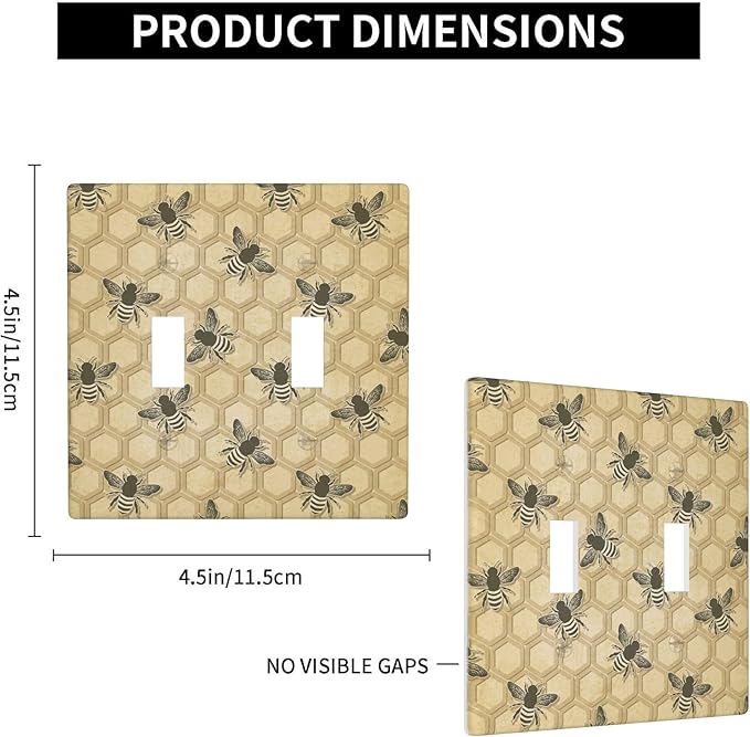 Honey Bee Honeycomb 2-Gang Double Toggle Switch Plate, Vintage Bee Wall Plate for Home, Office, Sunroom & Kitchen