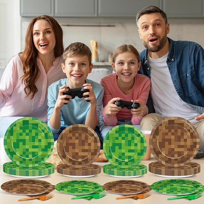 96 Pcs Pixel Party Paper Plates and Napkins Pixel Party Decorations Video Game Disposable Dessert Plates Mining Gaming Tableware Set Serves 24 Guests Boys Girls Kids Teenagers Birthday Supplies