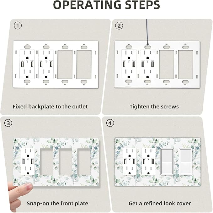 Green Eucalyptus Leaf 4 Gang Quad Rocker/GFCI/Decorator Light Switch Cover Plate Decorative Electric Faceplate Decorative Switchplate Screwless