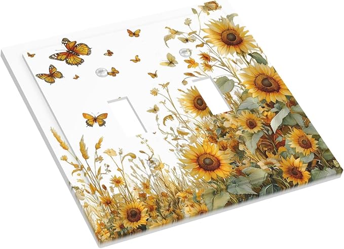Sunflower Gold Wildflowers Summer Butterfly Decorative Switch Plates 2 Gang Double Toggle Outlet Light Switch Cover Wall Plate Electrical Faceplate for Bedroom Living Room Decor