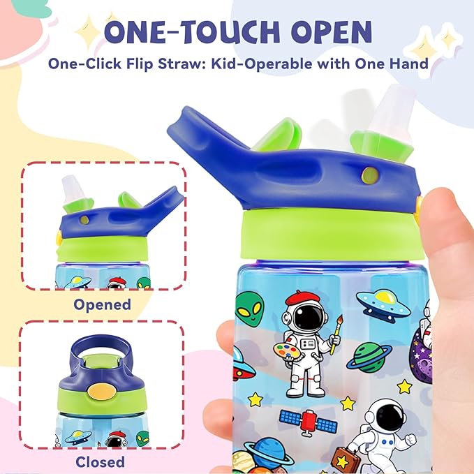 14oz Space Astronaut Kids Water Bottle with Straw Lid - Astronaut Water Bottles for Kids, Leakproof, Lightweight, Durable Plastic Bottles for School, Universe Space Gift Cup for Boys Girls
