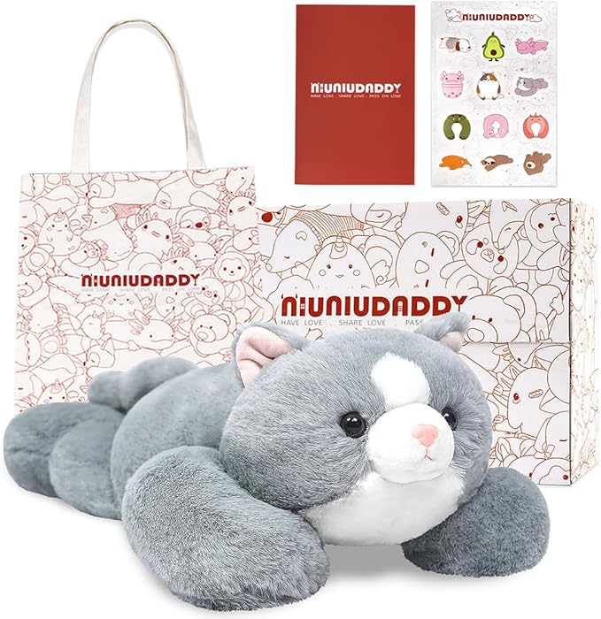 NiuniuDaddy 23.6" | 5 Pounds Grey Cat Weighted Stuffed Animals, Cute Weighted Plush Pillow Comfort Big Large Weighted Pillow Plushies Gifts for Kids & Adults, Include Bag, Stickers, Card on Valentine