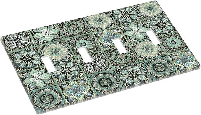 Moroccan Mandala Tile Floral Talavera Tiles Light Switch Covers Quad Toggle Electrical Faceplate 4 Gang Wall Plate Decorative Switch Plates Cover for Bathroom Kitchen Decor