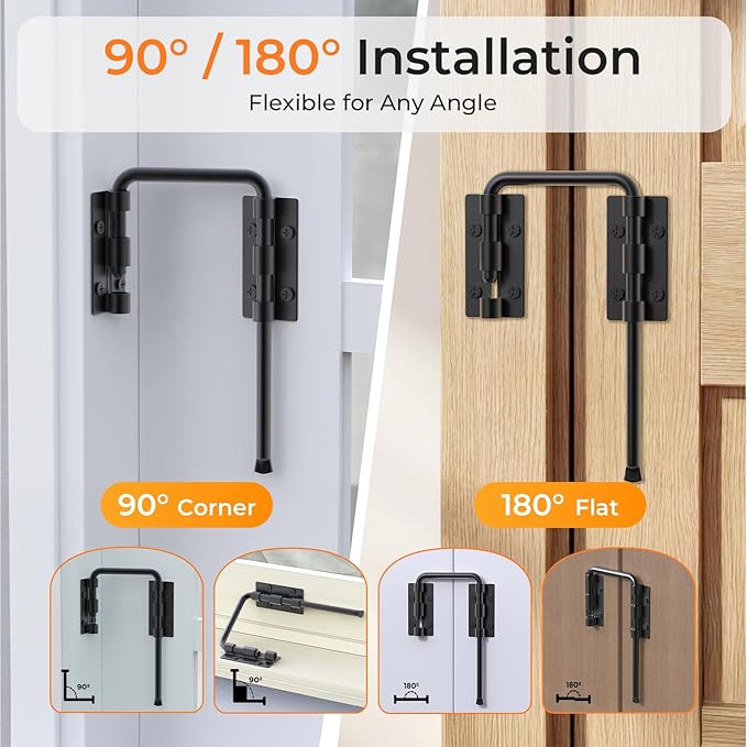 Patio Sliding Door Loop Lock, U-Shaped Rotating Latch, 90° / 180° Adjustable Door Lock for Uneven Surfaces, Child & Pet Safety Lock for Sliding Doors, Windows & Gates, (Black 2 Pack)
