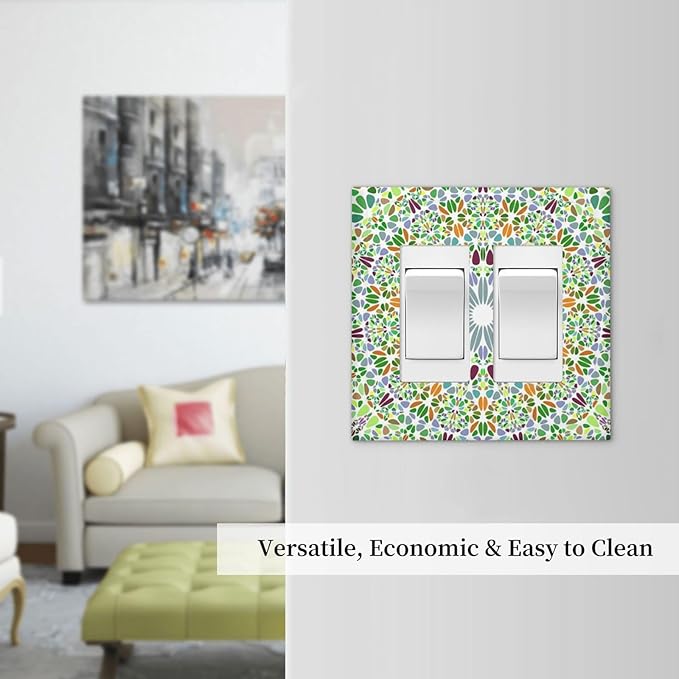 Mandala Flower Abstract Round Mosaic Floral Decorative Outlet Covers 2 Gang Double GFCI Rocker Electrical Wall Panels Light Switch Cover Plate for Bedroom Living Room Decor