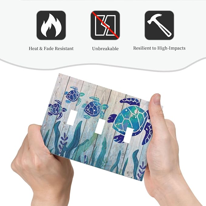 Sea Turtle Grass Seaweed on Rustic Wooden Board Triple Toggle Light Switch Cover 3 Gang Wall Plate Decorative Ocean Grass Seaweed Electrical Facplate for Bathroom Kitchen Home 6.7" x 4.8"
