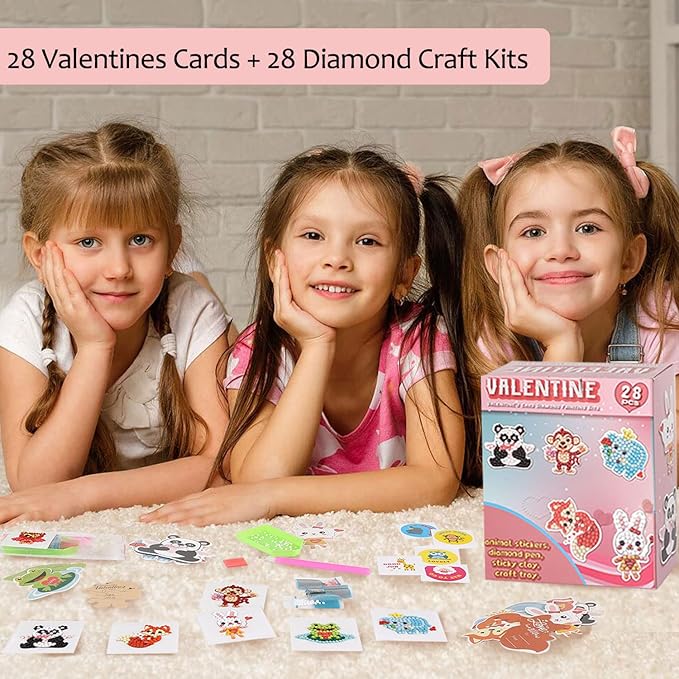 Valentine's Day Cards for Kids - 28pcs Diamond Animal Craft Kits With 7 Different Gem Stickers for School Classroom Exchange Gifts and Decorations