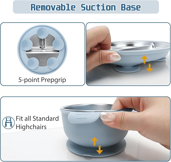 MISSLILI Stainless Steel Kids Plates and Bowls Set with Suction, Divided Baby Plate and Toddler Bowl with Removable Silicone Suction,Stainless Steel Weaning Bundle, Silicone Baby Feeding Set (Blue)